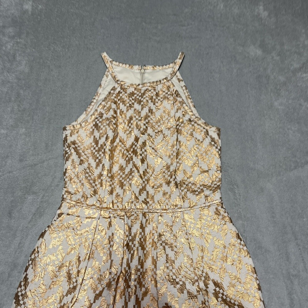 Rachel Roy Dress Womens Medium Gold Ivory Foil Mini High Neck Dress - Picture 3 of 7